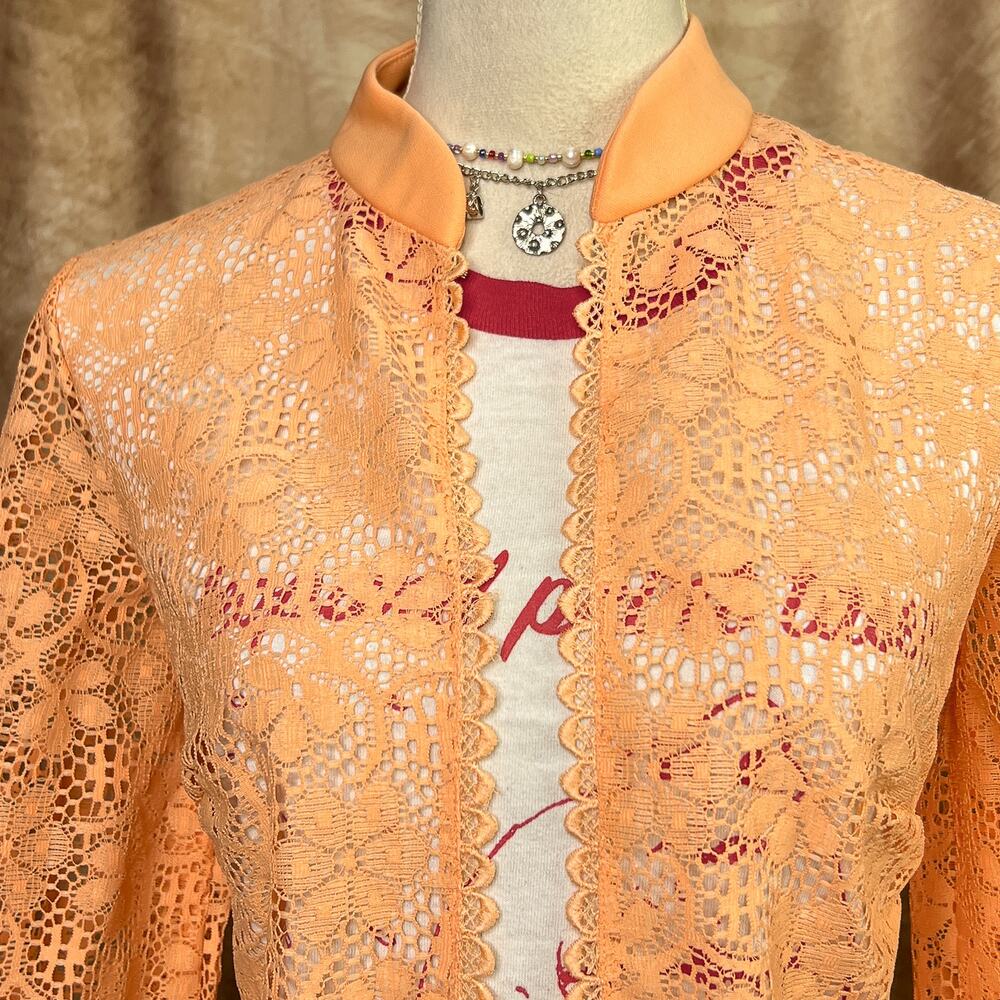 Vintage 70s Lace Top Open Front Crochet Floral Pastel Orange Long Sleeve Retro - Picture 6 of 8
